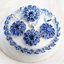 925 zilveren sieradensets voor vrouwen bruiloft blauwe zirkoon oorbellen ringen bedelarmbanden hanger ketting bruids dames set 240401