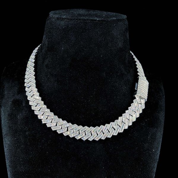Diamant moissanite en argent 925 avec placage en or blanc 14 carats, chaîne cubaine en diamant 15 mm 20 Vvs