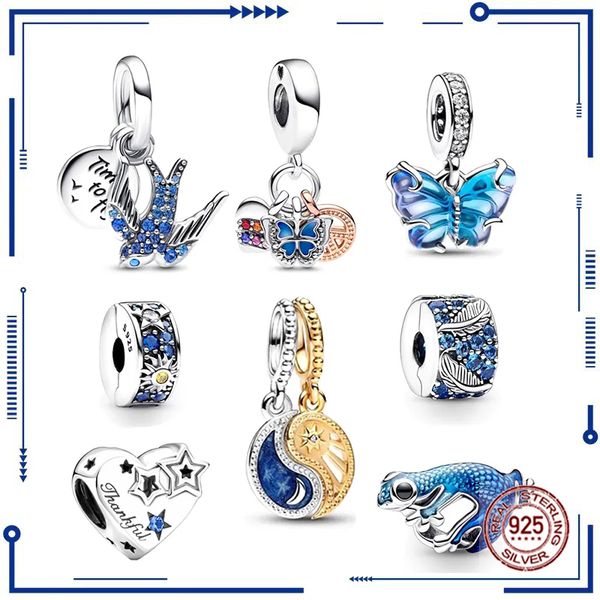 925 Plata Nuevo Metal Gecko Azul Murano Cristal Mariposa Colgante Clip Charm Beads Adecuado para pulseras PAN originales Joyería Envío gratis