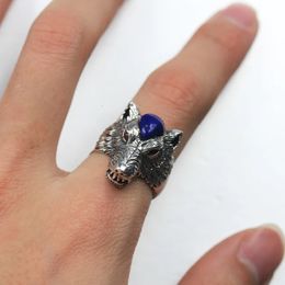 925 Silver Ring Natural Lapis Lazuli ingelegd met wolfkop oude handgerecht Ring240412