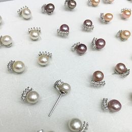 Boucles d'oreilles en argent 925, petits 5 diamants, perles d'eau douce, clous d'oreilles, mélange de couleurs, blanc, violet, rose, bijoux à la mode pour femmes/filles