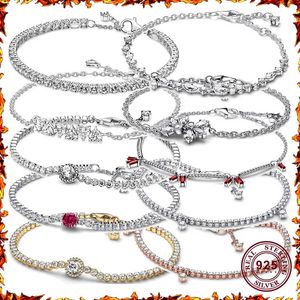 925 Silver Sparkling and Red Tennis Womens Love Sign Bracelet Flower for Original Charm Jewelry 240422