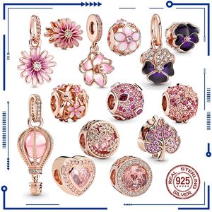 Pendentif chrysanthème rose scintillant et Sakura en argent 925, perles adaptées aux Bracelets PAN originaux, bijoux pour femmes, livraison gratuite
