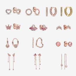 925 zilveren stroom Sovjet oorbellen LR plaat mode eenvoudige oorbellen vrouwelijke roze rosé gouden oorbellen volledige diamanten roze oorbellen Pandora sieraden gratis levering