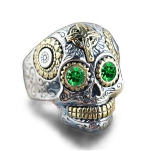 925 Zilveren Tweekleurige 18K Gouden Smaragd Ringen Vintage Graveren Cross Skull Ghost Head Ring Mannen Punk Jewelry279y