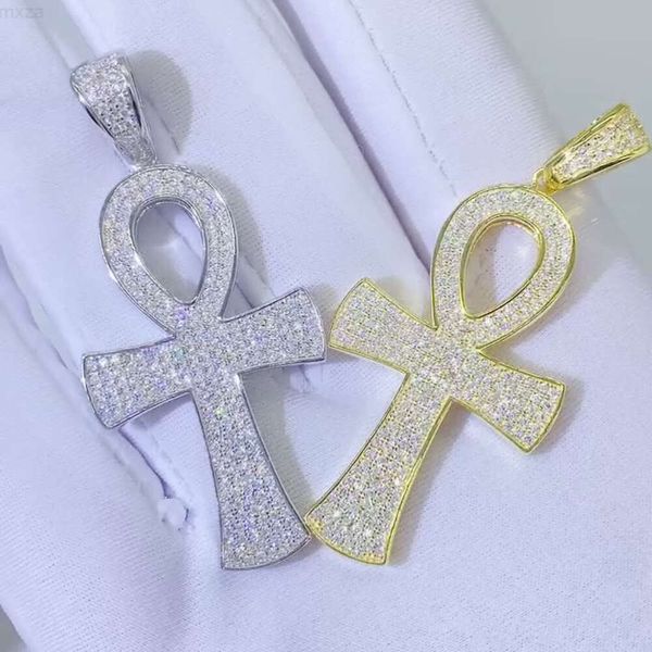 Collar de plata Vermeil 925 con diamantes Vvs Moissanite, colgante Ankh, conjunto de cadena de tenis, joyería de Hip Hop para hombres y mujeres, rapero