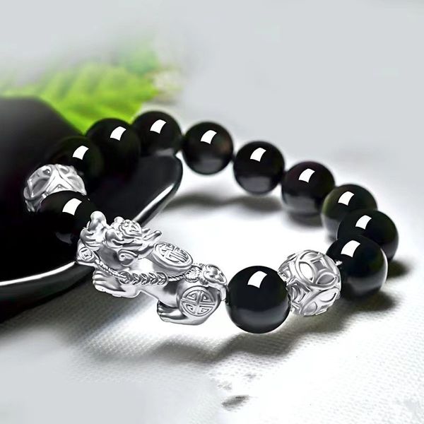 925 Plata Vintage Pixiu 8 mm con cuentas Pulseras para hombres y mujeres Estilo étnico Moda Ocio Obsidiana Cuerda Cadena Pulsera Joyería al por mayor