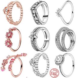 Anillo Pandora de plata 925 para mujer, anillos de moda con corona de corazón Original, flor infinita, circonita brillante, dedo de corazón de princesa