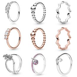 925 Mujeres de plata Fit Pandora Ring Original Heart Crown Anillos de moda Rose Gold Clear ThreeStone Crystal Finger