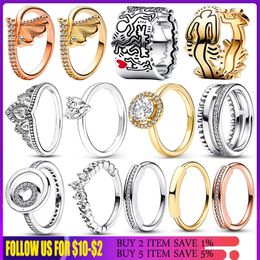 Bague Pandora en argent 925 pour femmes, originale, couronne en forme de cœur, anneaux à la mode, Logo Signature, feuilles de Ginkgo, couronne Graffiti
