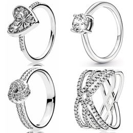 Bague Pandora en argent 925 pour femmes, originale, couronne de cœur, anneaux de mode, solitaire scintillant, cœur d'hiver, lignes cosmiques, nœud d'amour