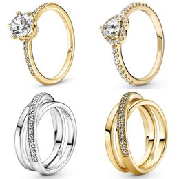 925 Mujeres de plata Fit Pandora Ring Original Heart Crown Anillos de moda Golden Shine Crown Solitaire Crossover Pave Triple Band