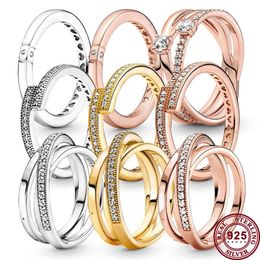 Anillo Pandora de plata 925 para mujer, corona de corazón Original, anillos de moda, disco de corazón de melocotón entrelazado de doble cara, tres anillos