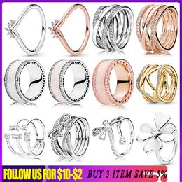 925 zilveren vrouwen passen Pandora Ring Original Heart Crown Fashion Rings Rose Gold Ring Tiara Wishbone Bow Dragefly Clover Wide Wide
