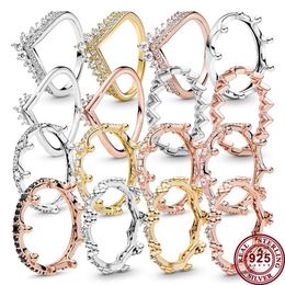 925 Zilveren vrouwen passen Pandora Ring Originele hartkroon mode ringen licht extravagante wensende botkristallen kroon vrouwelijke pan