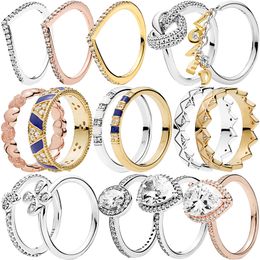 925 Argent Femmes Fit Pandora Anneau Original Coeur Couronne Mode Anneaux Étincelant Wishbone Larme Amour Coeur Trèfle Clair Zircon CZ