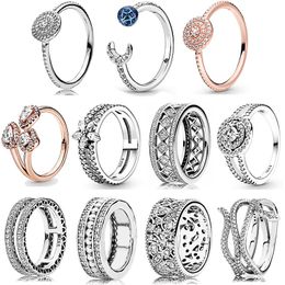 925 Argent Femmes Fit Pandora Anneau Original Coeur Couronne Mode Anneaux Tourbillonnant Serpent Chatoyant Feuilles Élégant Étincelle Pour Toujours Bande Épaisse