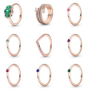 Bague Pandora en argent 925 pour femmes, originale, couronne de cœur, à la mode, grand Cz vert, or Rose, bricolage, cristal Rose