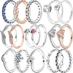 925 Mujeres de plata Fit Pandora Ring Original Heart Crown Anillos de moda Sparkling Wishbone Moon Tilted Heart Crown Flower Clear Zircon CZ