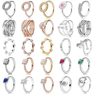 Anillo Pandora de plata 925 para mujer, corona de corazón Original, anillos de moda, lazo de libélula, princesa, cuadrado, brillo, Halo de cristal