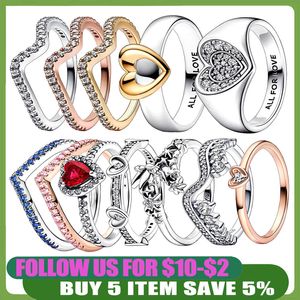 925 zilveren vrouwen passen pandora ring originele hartkroon mode ringen verhoogd rood hart asymmetrische golf stralend hart