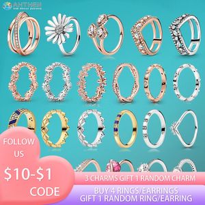 925 zilveren vrouwen passen Pandora Ring Original Heart Crown Fashion Rings Sparkling Geometric Crown Flower Petals Band Sparkling