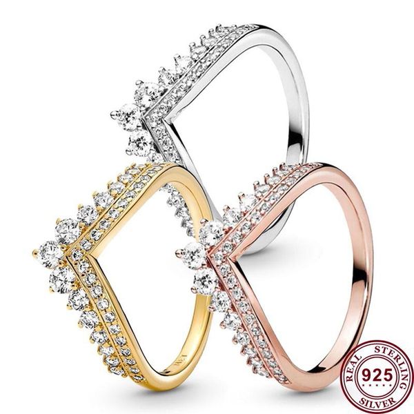 Bague Pandora en argent 925 pour femmes, couronne originale en forme de cœur, anneaux à la mode, léger, extravagant, os de souhait, couronne en or Rose