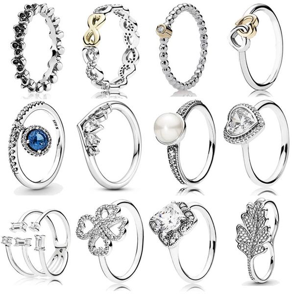 925 Mujeres de plata Fit Pandora Ring Original Heart Crown Anillos de moda Colgando Blue Round Sparkle dos tonos Corazones entrelazados Clover Crystal