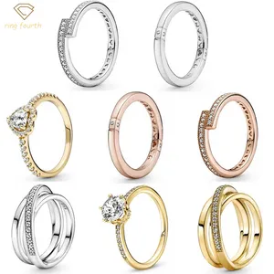 925 Mujeres de plata Fit Pandora Anillos Corazón original Corona Anillo de moda Logotipo superpuesto amp Corazones Firma Crossover Pave Triple