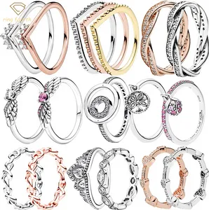 925 argent femmes Fit Pandora anneaux Original coeur couronne mode anneau Wishbone famille coeur couronne aile clair Zircon CZ diadème