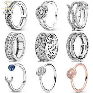 925 Zilveren Vrouwen Fit Pandora Ringen Originele Hart Kroon Mode Ring Glinsterende Bladeren Dikke Band Elegante Schittering Dubbele Sneeuwvlok