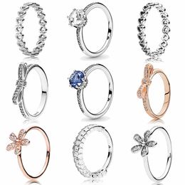 925 Mujeres de plata Fit Pandora Ring Original Heart Crown Anillos de moda Classics Calado Linked Love Heart Clear Sparkling Crown