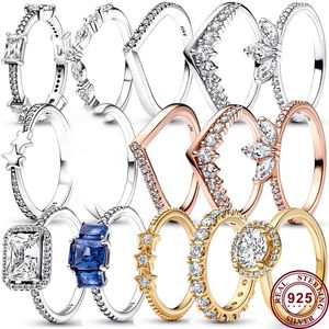 925 Mujeres de plata Fit Pandora Ring Original Heart Crown Anillos de moda Meteor Glow Cross Wishing Bone Petal Specimen