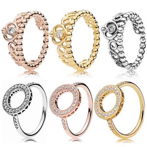 925 zilveren vrouwen passen Pandora Ring Original Heart Crown Fashion Rings Rose Gold Shine Princess Tiara Royal Crown Hearts of Halo