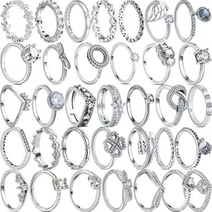 925 Sterling Silver Fashion Rings for Women - Pandora-Compatible, Heart & Crown Designs with Sparkling Spring Flowers & Feathers