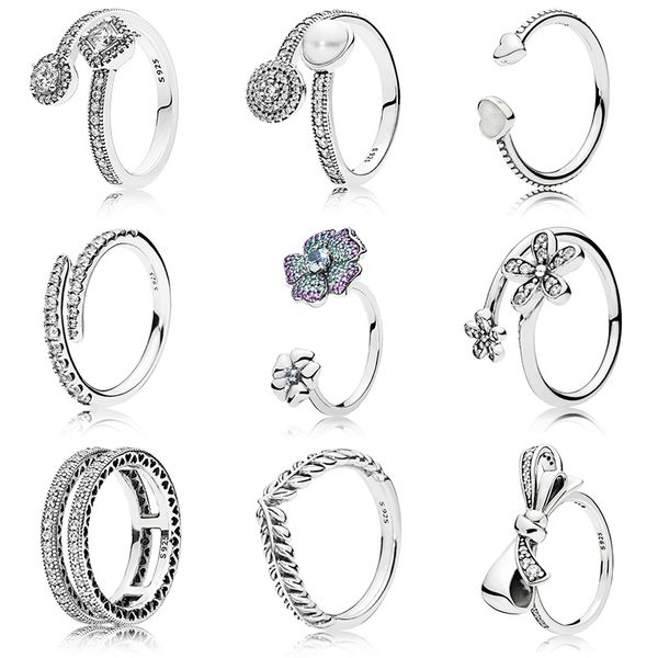 925 Mujeres de plata Fit Pandora Ring Original Heart Crown Anillos de moda Pave Logo Signature Classic Lotus Rice Ear Bow Crystal Round