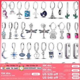 Dijes de cuentas de plata 925 para pulseras pandora, diseñador para mujer, pendientes de aro en forma de U, unicornio, luna de viaje, estampado de mascota Hamsa