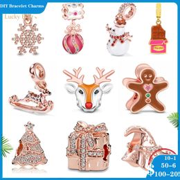 Dijes de cuentas de plata 925 para pulseras pandora, diseñador para mujer, regalo de muñeco de nieve de Navidad, galletas, alce, bricolaje, fino