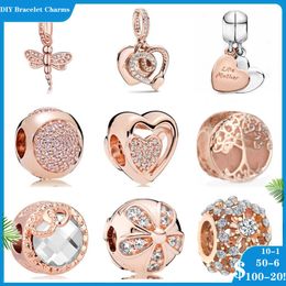 925 breloques en perles d'argent pour bracelets à breloques pandora designer pour femme Sparkling Heart pétale libellule Bead Charms Rose Gold