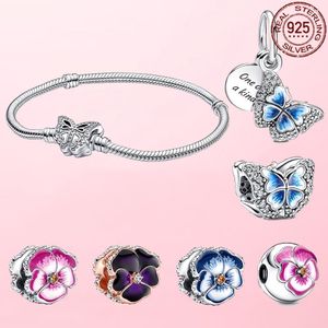 Dijes de cuentas de plata 925 para pulseras de dijes pandora, diseñador para mujer, cadena de serpiente con cierre de mariposa