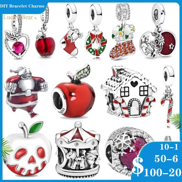 925 abalorios de plata para pulseras pandora, diseñador para mujer, manzana roja, calcetines de Papá Noel