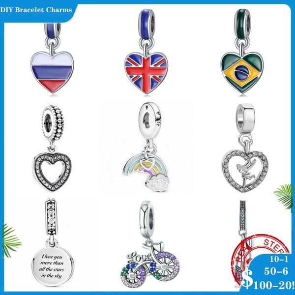 925 perles d'argent breloques pour bracelets à breloques pandora designer pour femme pendentif drapeau national arc-en-ciel balancent coeur de vélo