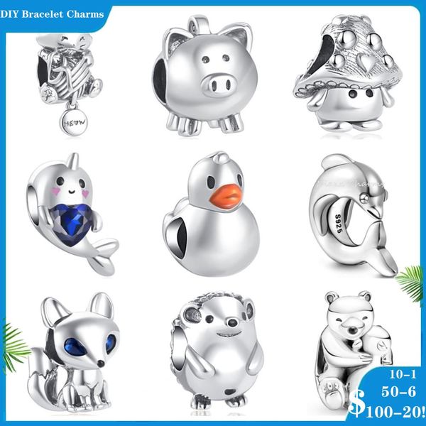 925 dijes de cuentas de plata para pulseras de dijes pandora diseñador para mujeres Dolphin Duck Cat Bear Pig Dangle Charm