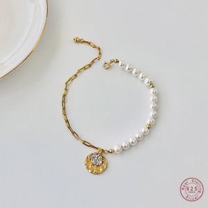 925 esterlina creativa asimétrica ronda de plata moneda cabeza humana cadena perla pulsera mujer luz de lujo accesorios de joyería