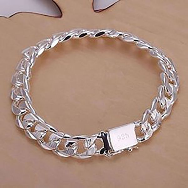 Bracelet à breloques en argent sterling 925, chaînes à breloques de 10mm, 8 pouces, boîte-cadeau de fête de mariage, bijoux à la mode, à serrure carrée