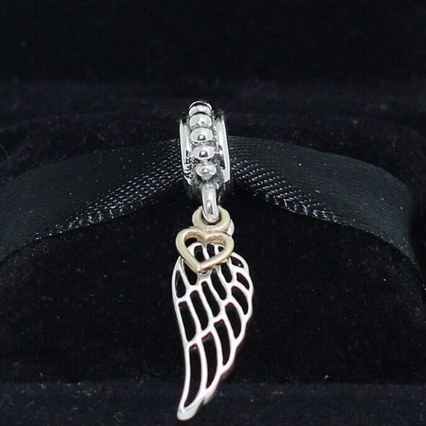 925 Sterling Silver 14K Real Gold Angel Wing Dangle Charm Perle Convient Européenne Pandora Bijoux Bracelets Colliers255w