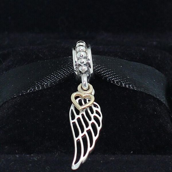 925 Sterling Silver 14K Real Gold Angel Wing Dangle Charm Perle Convient Européenne Pandora Bijoux Bracelets Colliers3087