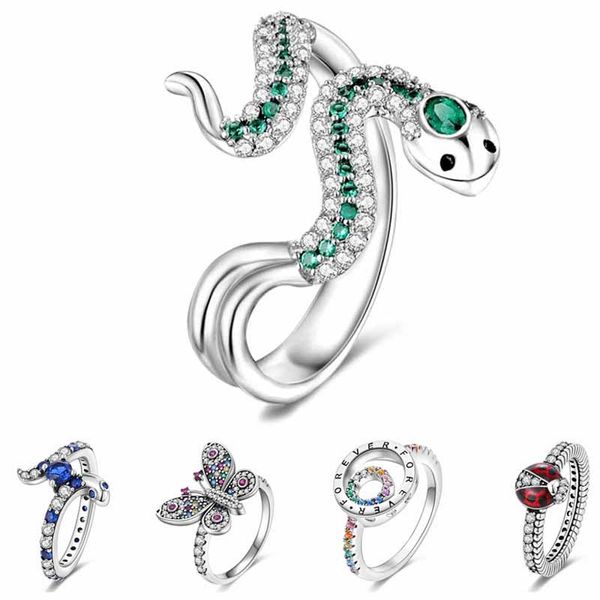 Anillo de serpiente 3d de Plata de Ley 925, 20 diseños, anillos de mariposa punk para mujer, anillos de plata 925 originales, regalo de joyería de marca