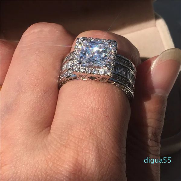 Anillo de plata de ley 925, anillos de boda de corte princesa, joyería de moda de diamante de laboratorio de 3 quilates para mujer, aniversario de compromiso