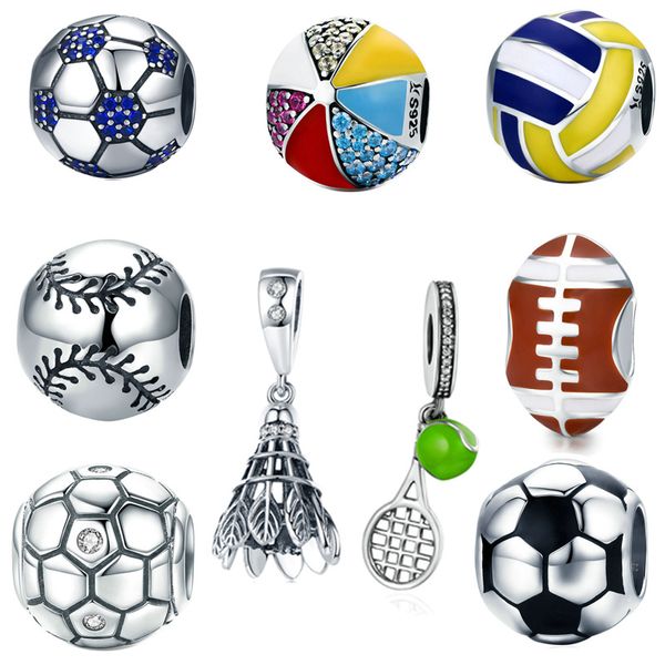 Cuentas de fútbol de plata de ley 925, abalorios de voleibol deportivos de cristal azul para pulseras europeas, collar, accesorios de joyería DIY